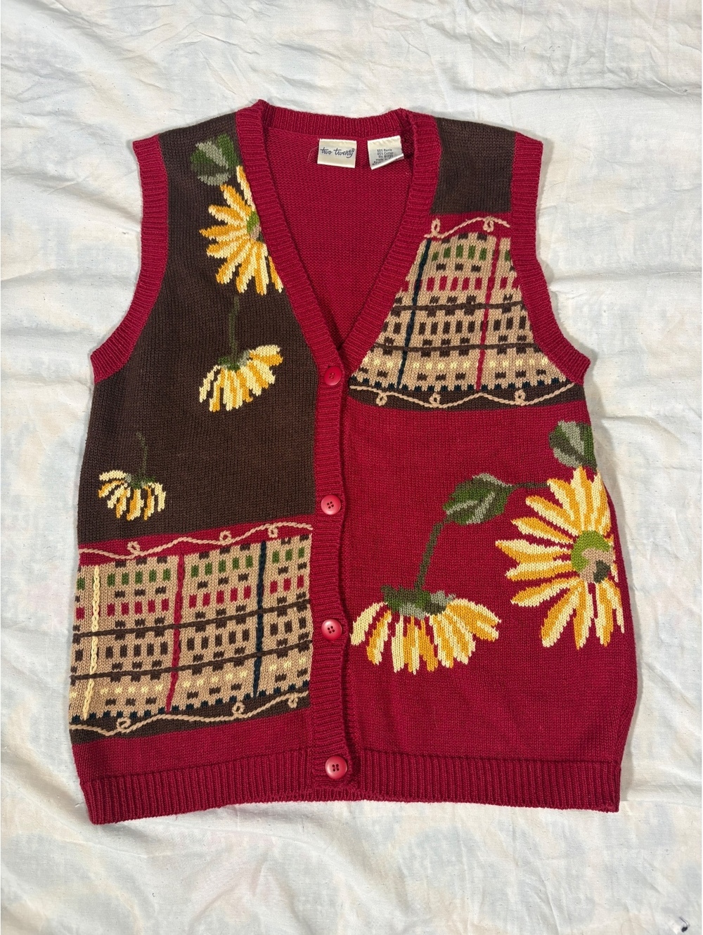 Vtg 90s Two Twenty Sunflower Patchwork Knit Sweater Vest Ramie Cotton Small
